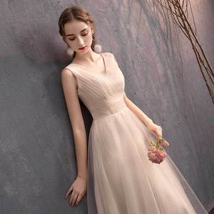 Bridesmaid Dress Champagne Color A-Line Tulle Sweetheart Neckline Long Formal Evening Dress For Wedding Party Graduation - Product Image 2