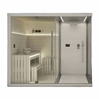 Cabine de sauna infrarouge de luxe en cèdre rouge pour l'extérieur avec façade entièrement vitrée, panneau tactile LED et douche intégrée