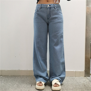 New 2025 Customized OEM Women Denim <b>Jeans</b> Jacquard Trousers for Female Retro Leg Wide Comfort <b>Work</b> Pants Daily Wear - Product Image 5