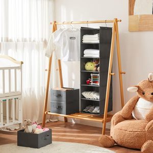 6 Tier Hanging Closet Organizer Grey Foldable Storage <b>Shelf</b> With 2 <b>Hooks</b> For Bedroom Use - Product Image 2
