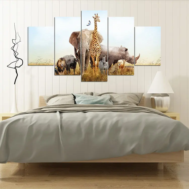 Paesaggio africano pittura animali selvatici a prateria animale Wall Art stampa su tela Home and Room Decor Poster 5 pezzi