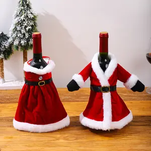 2023 Christmas Home Decorations Velvet Coat Dress Style Wine Bottle Cover for Xmas Home Party Dinner Table Decoration