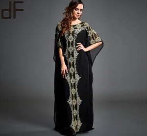 イスラム服KaftanドバイAbaya豪華なレース印刷ロングマキシシフォンドレス半袖黒イスラム教徒のドレス