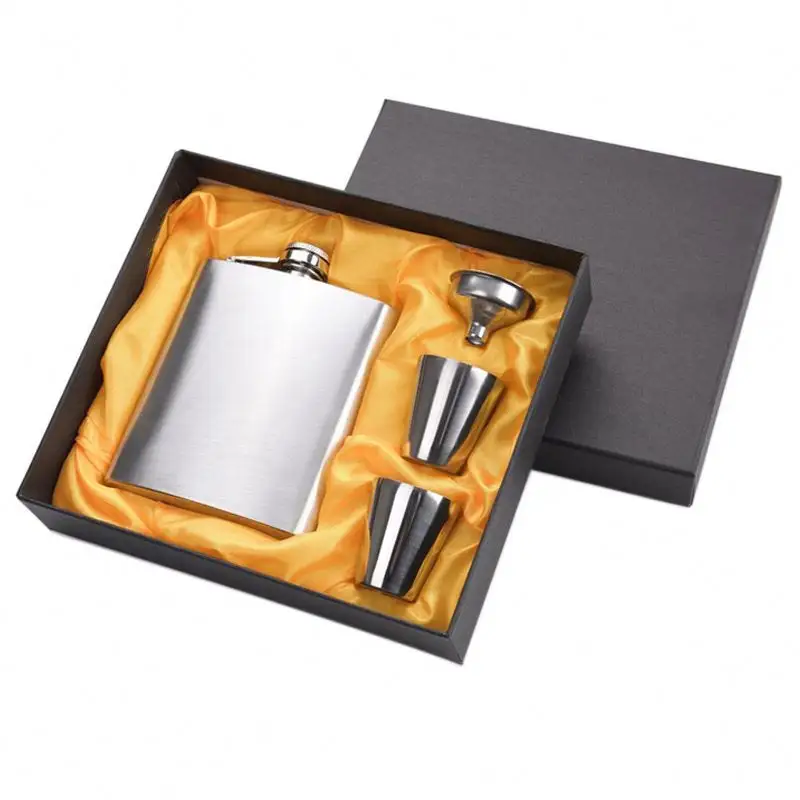 Flacon de luxe en acier inoxydable mini carafe à vin portable coffret cadeau en métal pour whisky verre étui en cuir vente en gros