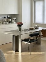 Table à manger rectangulaire en acier inoxydable et pierre de quartz, style italien moderne et minimaliste, anti-rayures, anti-brûlure, 6 places