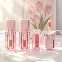 Tube de brillant à lèvres transparent rose de 5 ml avec couvercle carré, emballage cosmétique en gros avec grands pinceaux