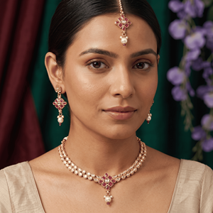 Ensemble collier et boucles d'oreilles classiques en cuivre plaqué or antique avec pendentif en pierre, Maang Tikka, bijoux ethniques indiens - Product Image 3