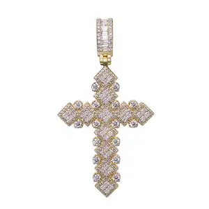 Religious Design Crucifix Christian Inlay Gems Silver Pure Gold Plating White Zircon Big Baguette Pave Cross Pendant