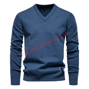 Cómodo suéter de algodón 100% con cuello en V para hombres con diseño elegante Jersey de invierno de punto suave antibolitas y antiarrugas - Product Image 1