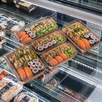 Boîte à sushi jetable écologique en papier kraft avec couvercle en PET transparent, impression personnalisée en feuille d'aluminium pour la restauration à emporter, OEM