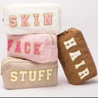 Trousses de Maquillage Préppy en Chenille avec Lettres, Sacs de Rangement en Coton Côtelé, Étuis Cosmétiques Zippés pour Femmes, Trousse de Toilette de Voyage