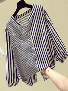 Kemeja Wanita Lengan Panjang V-neck Motif Garis-garis Longgar Modis Terbaru Grosir Butik Musim Panas - Product Image 2
