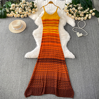 Robe longue décontractée pour femme, tricotée, à bretelles spaghetti, coupe trapèze, dégradé orange-brun, pour le quotidien et les vacances