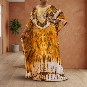 Wholesale Asymmetrical Tie Dye <b>Womens</b> <b>Kaftan</b> Dress Breathable Rayon Chiffon Floor Length Lace Short Sleeve Resort Wear - Product Image 1