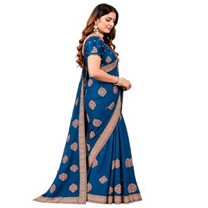Sari en velours satiné émeraude Vexotrend avec broderie florale, style indien et pakistanais, infroissable, pour femme, tenue de mariage traditionnelle - Product Image 1