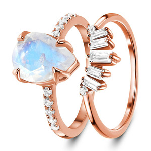 Hot Solid Rose Yellow Gold Rainbow MOONSTONE &amp; WHITE TOPAZ Nymph <strong>Ring</strong> &amp; <strong>Sovereign</strong> Band - Product Image 5