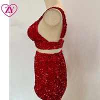 Ensemble jupe et haut court à paillettes rouges, tenue deux pièces pour femmes, tenue de soirée scintillante, robe de soirée décontractée au genou, mode africaine