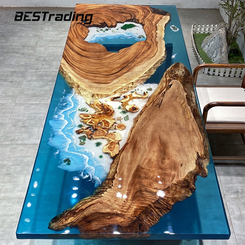 Современный роскошный круглый обеденный стол из массива дерева с речной эпоксидной смолой