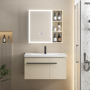 Conjunto de Mueble de Baño Moderno y Sencillo con <span class=keywords><strong>Lavabo</strong></span> de Cerámica Integrado de Color Crema, Espejo Inteligente y Gabinete de Pared - Product Image 1