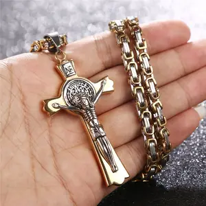 24 "Stainless Steel Byzantine Rantai Santo Katolik Benedict Salib San Yesus St Benedict Kalung Salib Kalung Hadiah untuk Pria