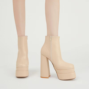 Nouvelles bottes pour femmes à talons hauts, toutes occasions, automne-hiver 2023, talon épais de 15 cm, plateforme imperméable, couleur nude - Product Image 2