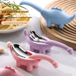 Cuchara de dinosaurio de silicona de acero inoxidable 304, tenedor para niños, sopa de entrenamiento, cuchara de comida para bebés, juego de tenedor, regalo de comedor para bebés pequeños - Product Image 2