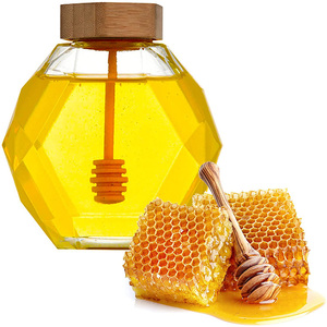 Honey Jar Glass Hexagon Shape Honey Pot Container with Wooden Dipper and Cork Lid Cover Honey Syrup Beehive Storage