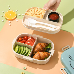 Children's Lunchbox Cartoon Cat Design Double Layer Compartments With Sauce Cup <b>Microwave</b> Safe Rectangle Shape - Product Image 3