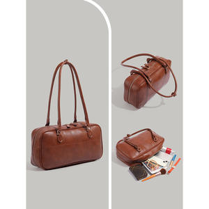 Bolso Boston Retro de Cuero Sintético Marrón con Parches, Gran Capacidad, Cierre de Cremallera, Bolso de Mano para Uso Diario, Forro de Algodón, para Mujer, Otoño - Product Image 3