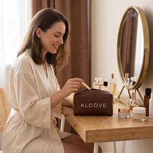 Sac cosmétique en cuir PU pour femme, grande capacité, avec logo brodé, pochette zippée, sacs de maquillage pour la maison – Offre Spéciale - Product Image 6