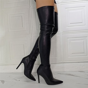 Bottes hautes pour femmes en PU lisse avec talon aiguille, fermeture éclair latérale, talon fin, bottes cuissardes pour femmes, grandes tailles 47 - Product Image 6