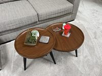 Ensemble de table basse ronde moderne en 2 pièces, adapté au salon, table à bord rond couleur noyer facile à assembler