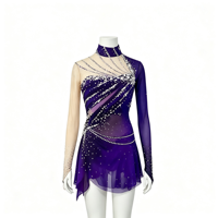 Robe de patinage artistique pour enfants, violette, à strass, col montant, dos ouvert, pour spectacle sur scène et compétition de patinage sur glace