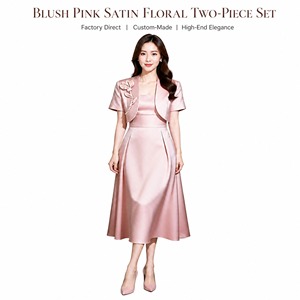 Set Abito <span class=keywords><strong>Bolero</strong></span> in Raso Rosa Pallido per Donna, Gonna Plissettata con Applicazioni Floreali 3D, Collo Quadrato, Formale da Cerimonia, OEM ODM Direttamente dalla Fabbrica, Chic - Product Image 1
