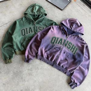 Vintage Streetwear Hole <b>Hoodie</b> Drop Shoulder Heavyweight Cropped Zipper <b>Hoodie</b> Men Acid Wash Oversized Distressed <b>Zip</b> <b>Up</b> <b>Hoodie</b> - Product Image 2