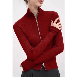 Cárdigan de punto con cuello alto y doble cremallera para mujer, suéter base ajustado de cuello medio alto para otoño e invierno - Product Image 6