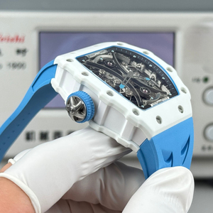 High-quality RM Style White Ceramic Skeleton Tourbillon <b>Watch</b> With Blue <b>Rubber</b> Strap - Product Image 5
