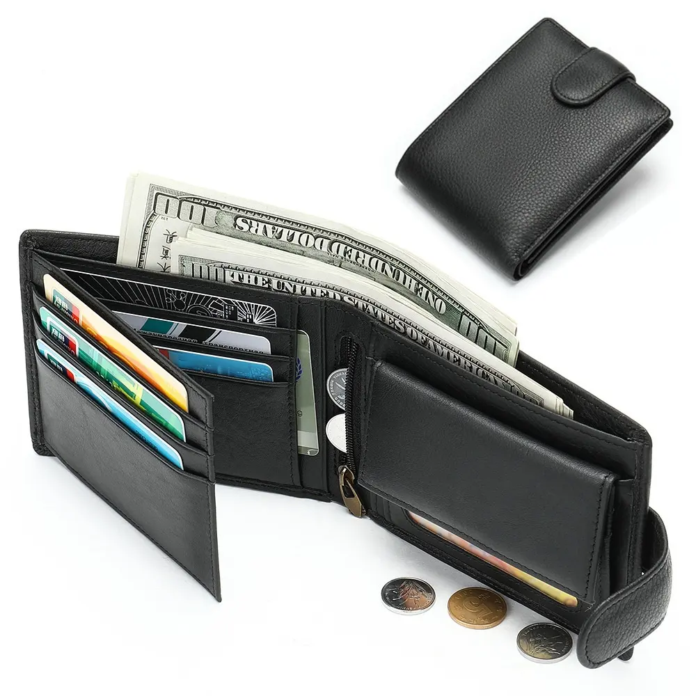 Schwarze Lederbrieftasche für Herren echtes Leder RFID-Blocking dreifaltung stilvolle Brieftasche mit Münzfach Geldschein-Kartenhalter