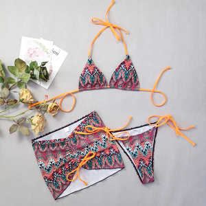 Hanou Bedrukt Driedelige Bikini Set Dames Badmode Bandage Bh + String + Mini Rok Badpakken Badpakken Strandkleding