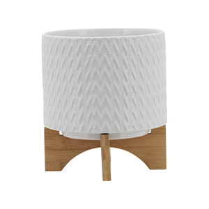 Pot en céramique avec support en bois, design géométrique blanc, pot décoratif intérieur/extérieur pour la maison, le jardin, l'entrée, la terrasse - Product Image 2