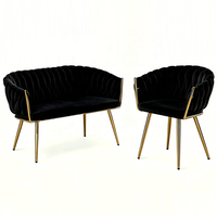 Fauteuil d'appoint en velours pour salon, style luxe léger, avec dossier tissé à la main et pieds en métal doré