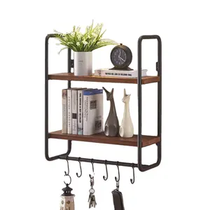 Solid Wood Wall Shelf With Hooks 2-Tier Shelves Wall Mounted For Kitchen Bathroom Bedroom And Office