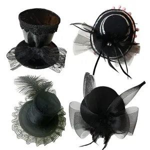 Chapeau en dentelle à paillettes noires pour femmes, mini chapeau de fête de thé, accessoires de pince à cheveux