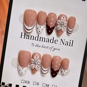 Faux ongles à presser faits main, forme amande, style français sculpté, réutilisables pour mariage, fête, salon de manucure - Product Image 1