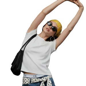 T-shirt personnalisé pour <span class=keywords><strong>femme</strong></span>, coupe ajustée, manches courtes, 220G coton/polyester, élastique, infroissable, couleur unie, streetwear, logo tricoté - Product Image 1