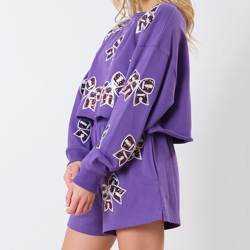 Hot Sale Long Sleeve Sequin Bow Cut Raw Hem Women Shorts Sets Best