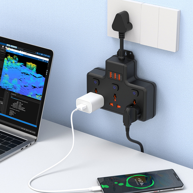 South Africa Plug Extension Socket with 3 AC Outlets and 3 USB a Ports 2m Cable Universal 100-250V IP22 Rated