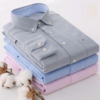 Kemeja Pria Grosir Katun Campuran Oxford Lengan Panjang Kerah dan Manset Kontras Kemeja Kasual dengan Saku Dada OEM