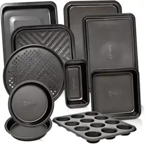 10 Buah Set Bakeware Baja Karbon Antilengket, Loyang Kue Persegi, Nampan Kue Oven Dalam Set dengan Pegangan Silikon