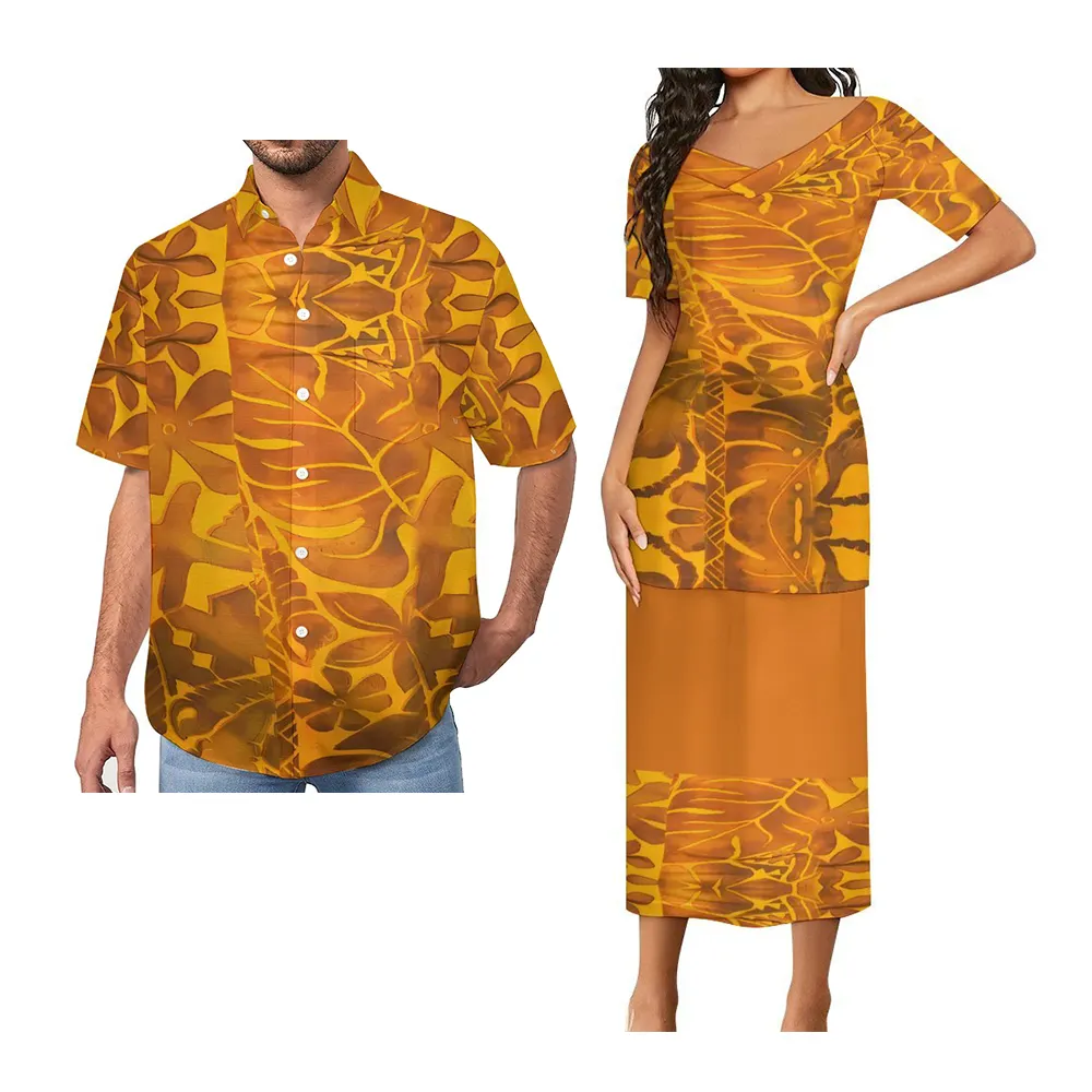 2024 New Design Polynesian Tribal Print V Neck Samoan Puletasi Set Dress And Men Shirt Personality Fashion